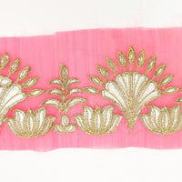 Thumbnail for Pink Tissue Fabric Lace Trim with Gota Patti Embroidery, Foiled Embroidery in Silver, Sari Border Trim By Yard Decorative Trim Craft Lace