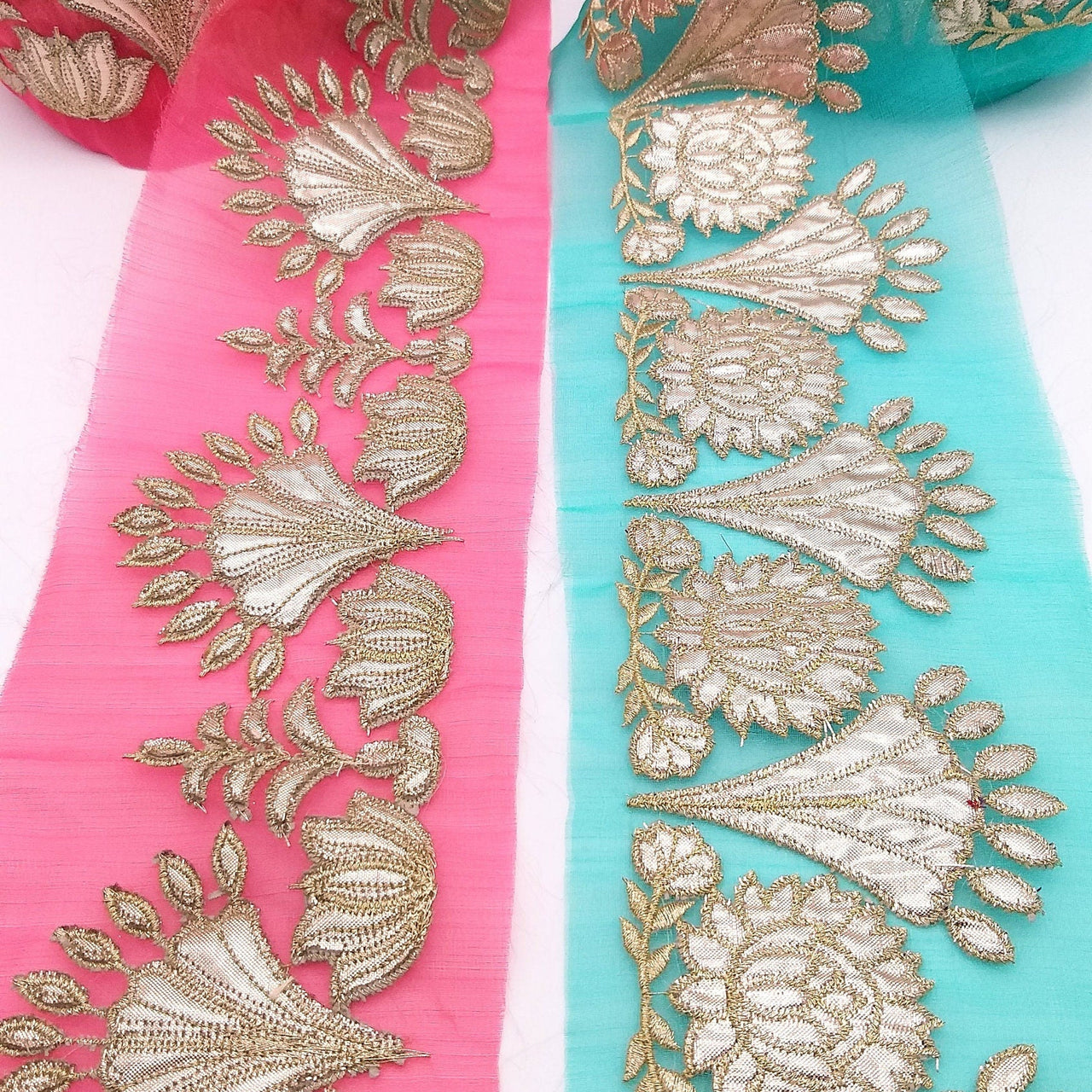 Pink Tissue Fabric Lace Trim with Gota Patti Embroidery, Foiled Embroidery in Silver, Sari Border Trim By Yard Decorative Trim Craft Lace
