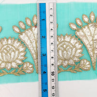 Thumbnail for Blue Tissue Fabric Lace Trim with Gota Patti Embroidery, Foiled Embroidery in Silver, Sari Border Trim By Yard Decorative Trim Craft Lace