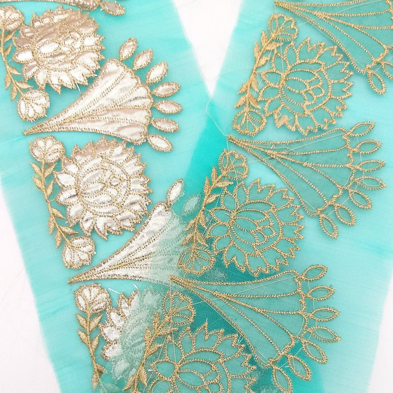 Blue Tissue Fabric Lace Trim with Gota Patti Embroidery, Foiled Embroidery in Silver, Sari Border Trim By Yard Decorative Trim Craft Lace