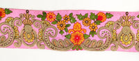Thumbnail for Pink Art Silk Fabric Trim With Orange, Green, Red And Gold Floral Embroidery