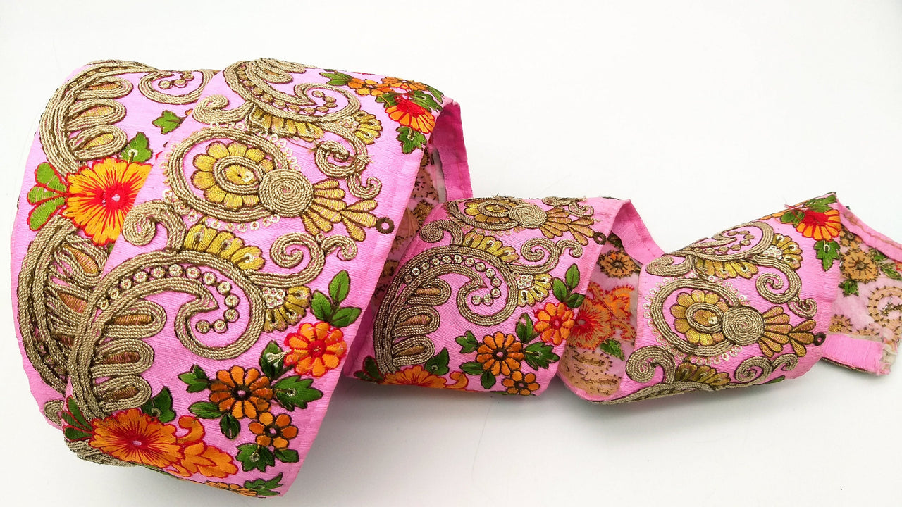 Pink Art Silk Fabric Trim With Orange, Green, Red And Gold Floral Embroidery