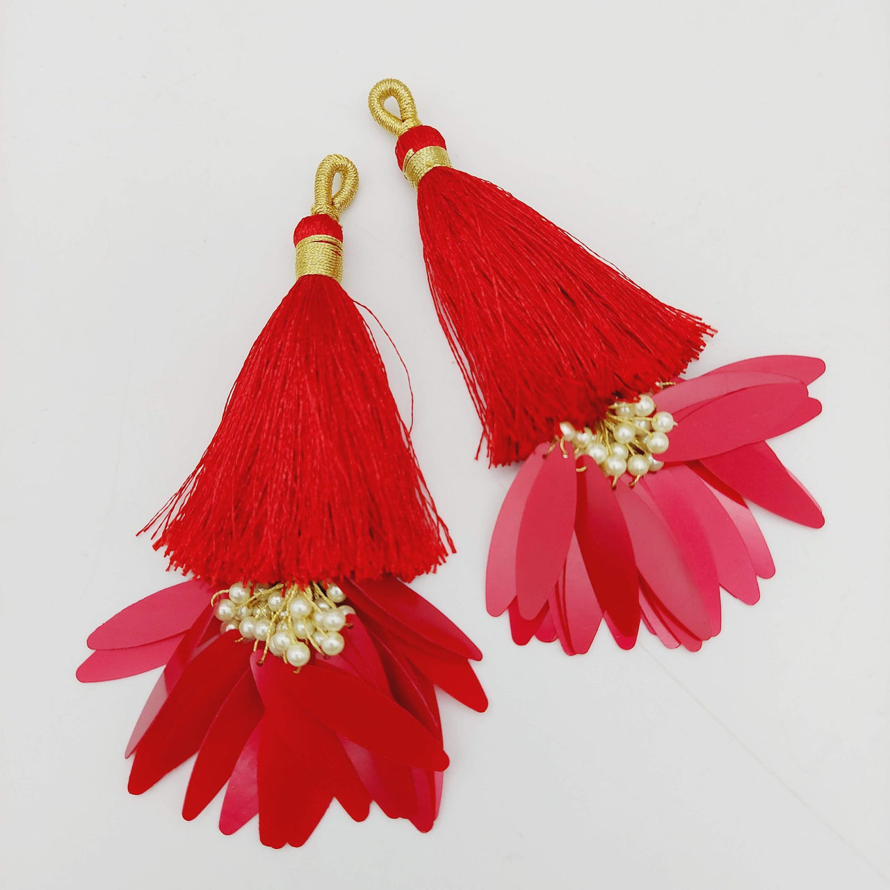 Red Tassels With Long Sequins And Seed Pearl Beads, Beaded Thread Tassel Charms, 2 Pcs