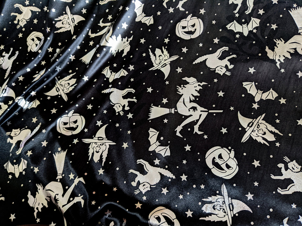 Black And Silver Halloween Pumpkin, Witch, Bats Foil Fabric