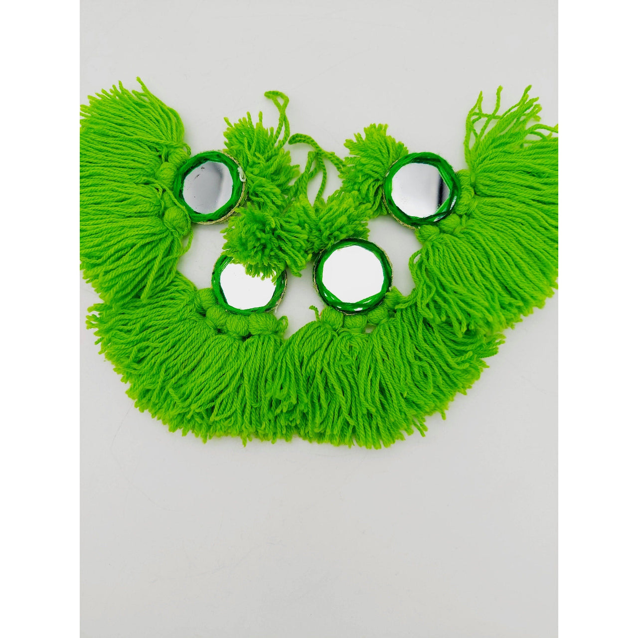 Mirrored Green Wool Tassels, Green Pompom Mirror Tassel, Handmade Latkan Boho