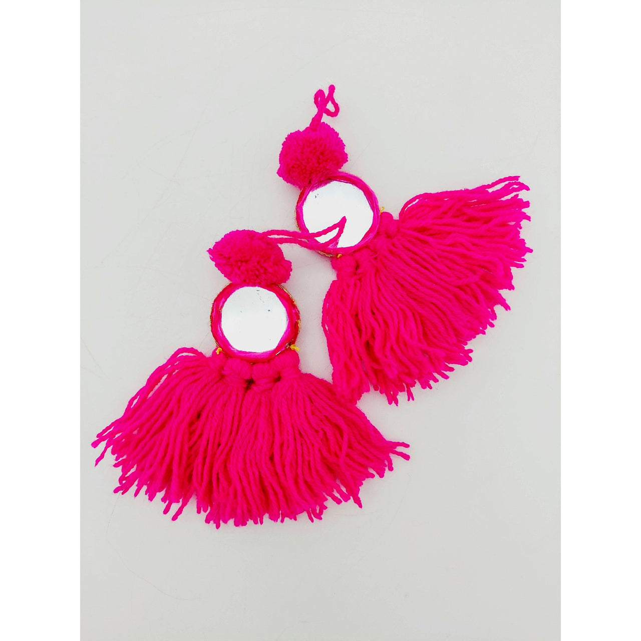 Mirrored Fuchsia Pink Wool Tassels, Pink Pompom Mirror Tassel, Handmade Latkan Boho