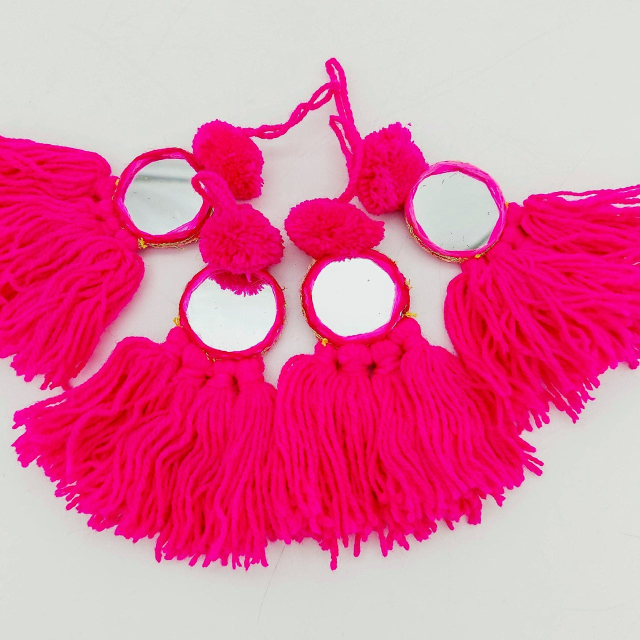Mirrored Fuchsia Pink Wool Tassels, Pink Pompom Mirror Tassel, Handmade Latkan Boho