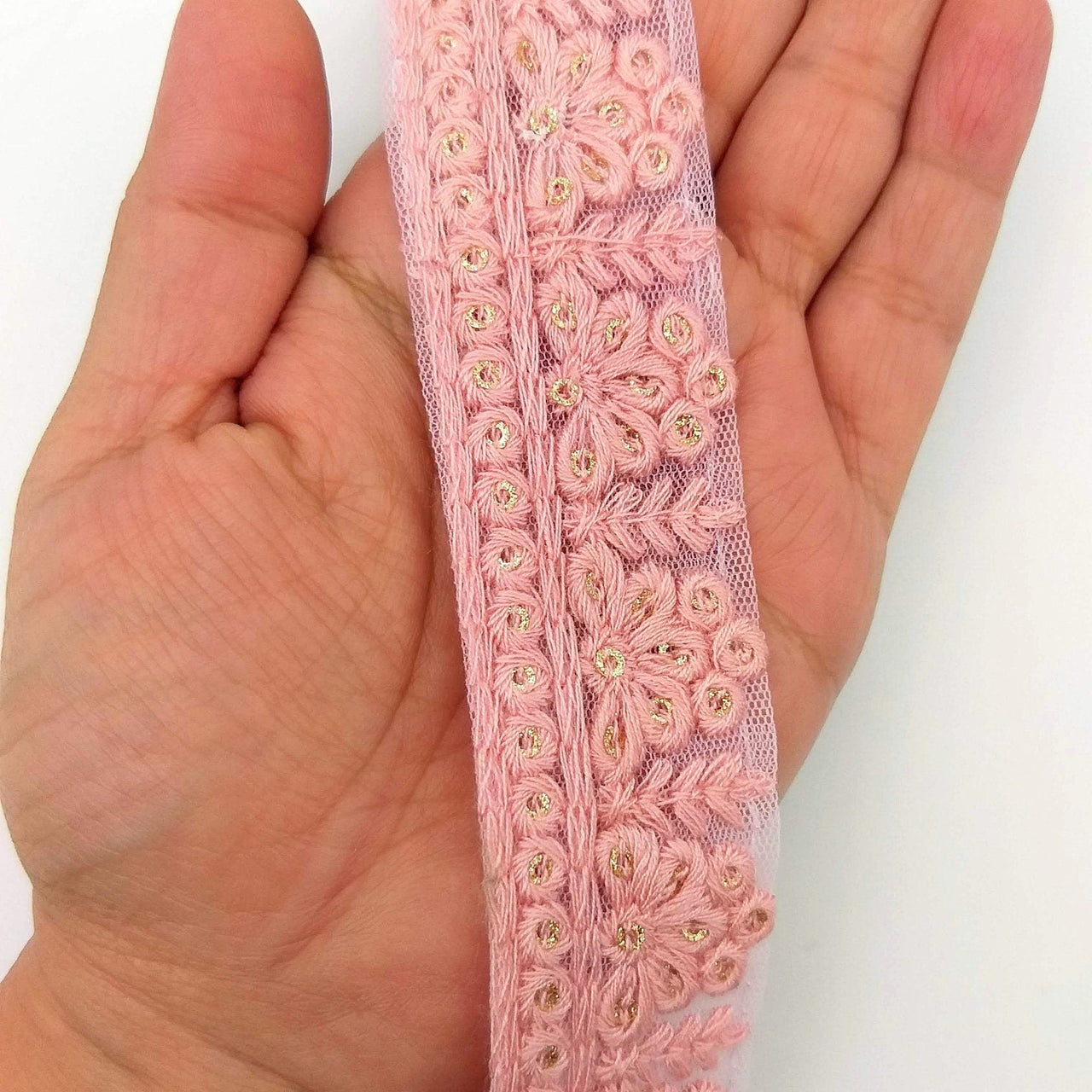 Pink Net Lace Trim With Floral Embroidery And Gold Sequins, Sequinned Trim, Wedding Trim Bridal Trim