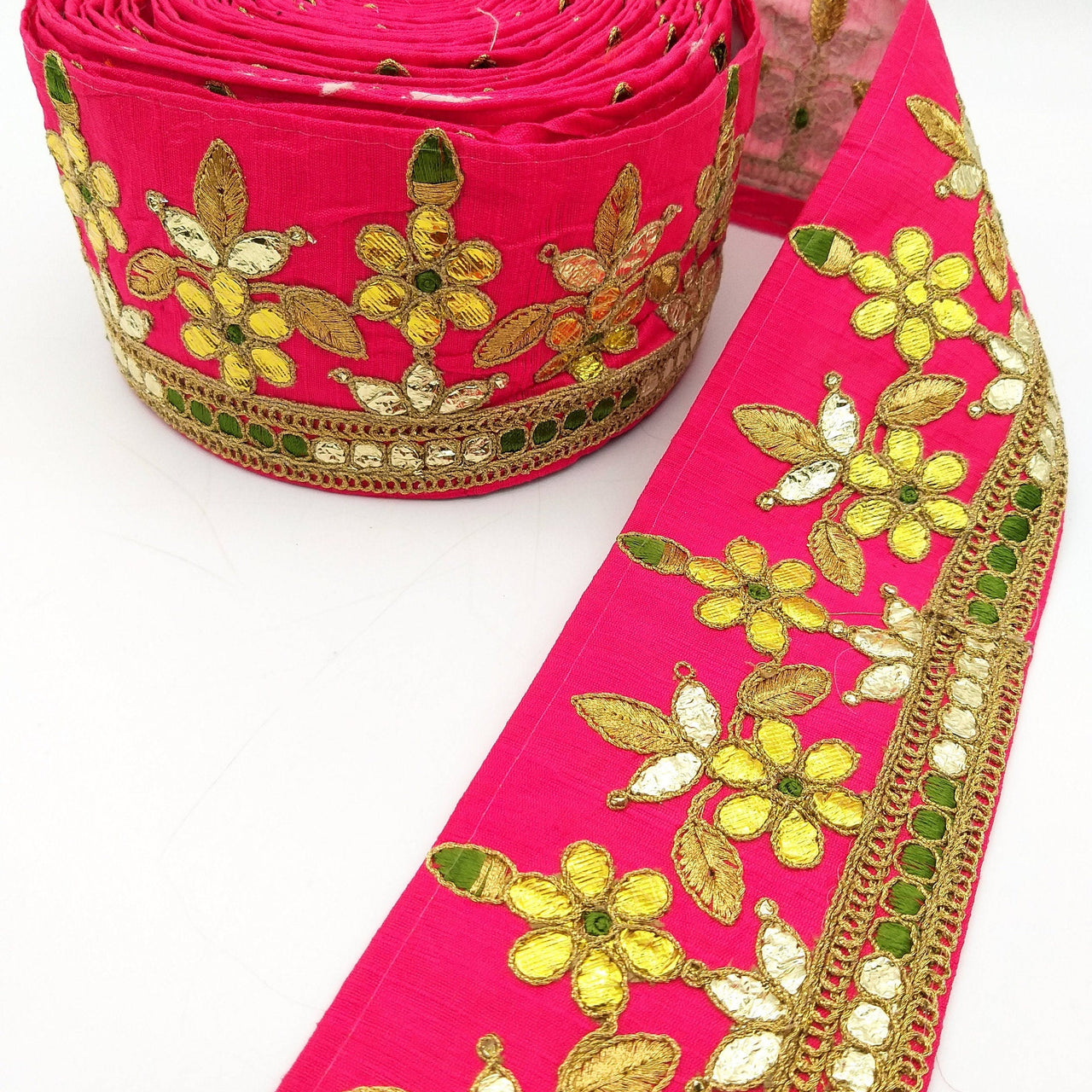 Radical Red Art Silk Fabric Trim, Green & Gold Floral Embroidery Gota Patti Indian Sari Border Trim By Yard Decorative Trim Craft Lace