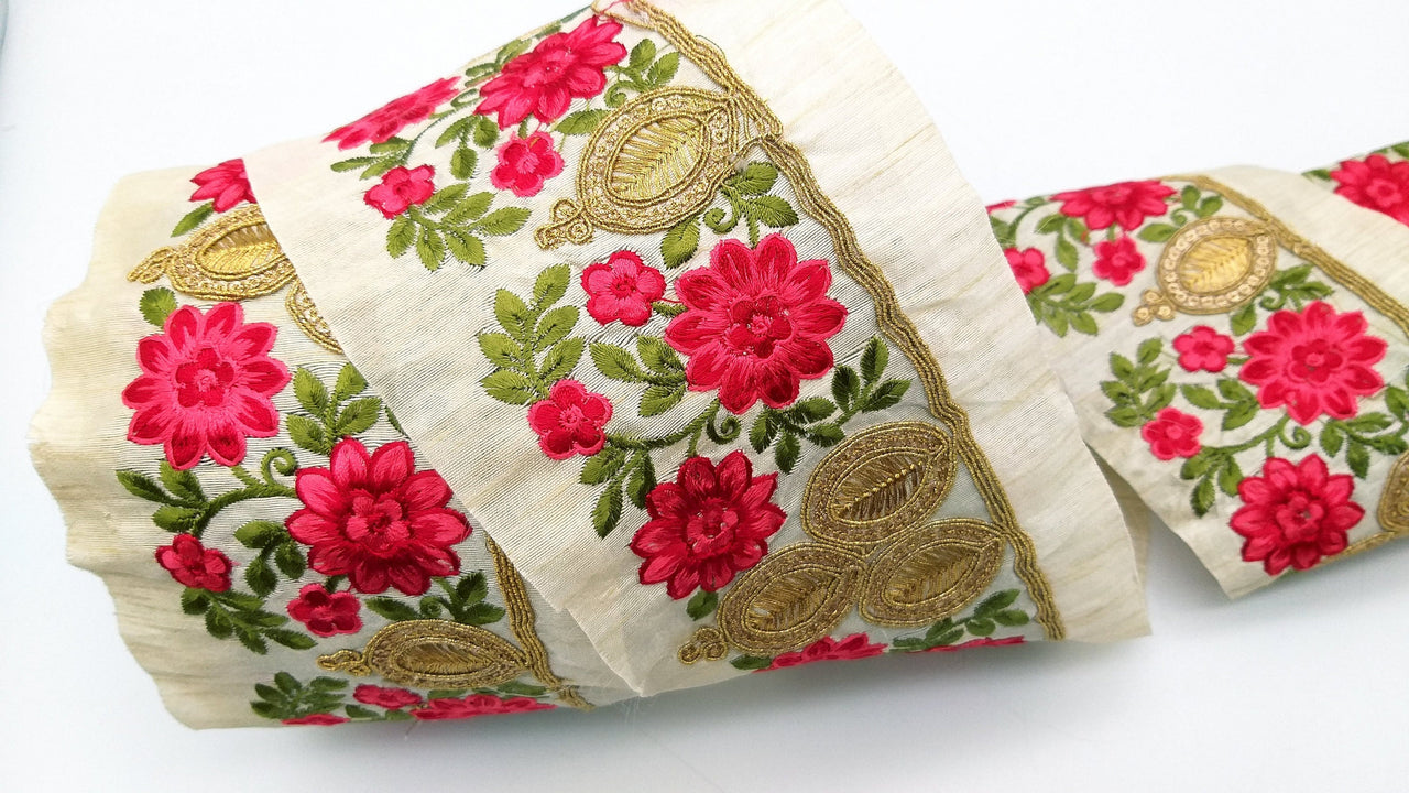 Beige Silk Fabric Trim, Green, Pink & Gold Floral Embroidery Indian Sari Border Trim By Yard Decorative Trim Craft Lace