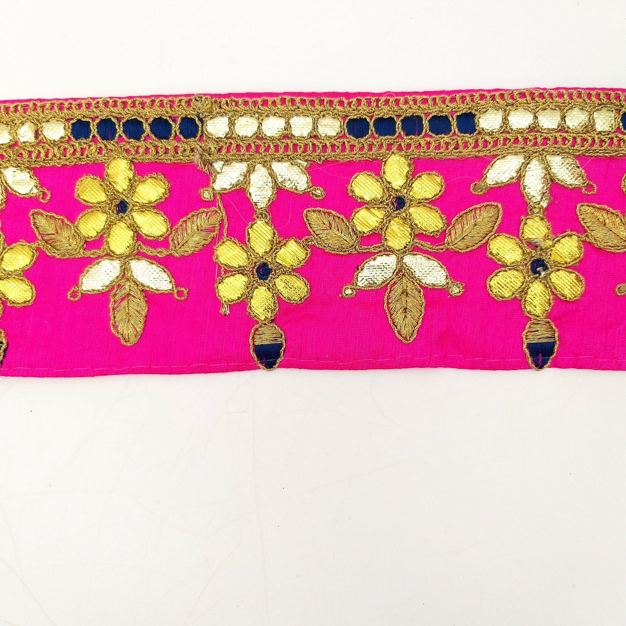 Fuchsia Pink Art Silk Fabric Trim, Blue & Gold Floral Embroidery Gota Patti Indian Sari Border Trim By Yard Decorative Trim Craft Lace