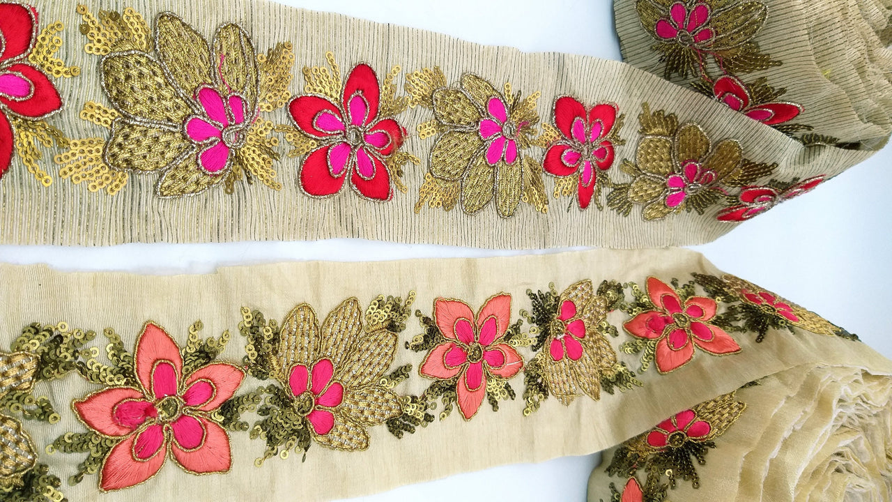 Beige Silk Fabric Trim, Red, Pink & Gold Floral Embroidery Indian Sari Border Trim By Yard Decorative Trim Craft Lace