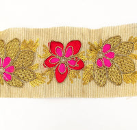 Thumbnail for Beige Silk Fabric Trim, Red, Pink & Gold Floral Embroidery Indian Sari Border Trim By Yard Decorative Trim Craft Lace
