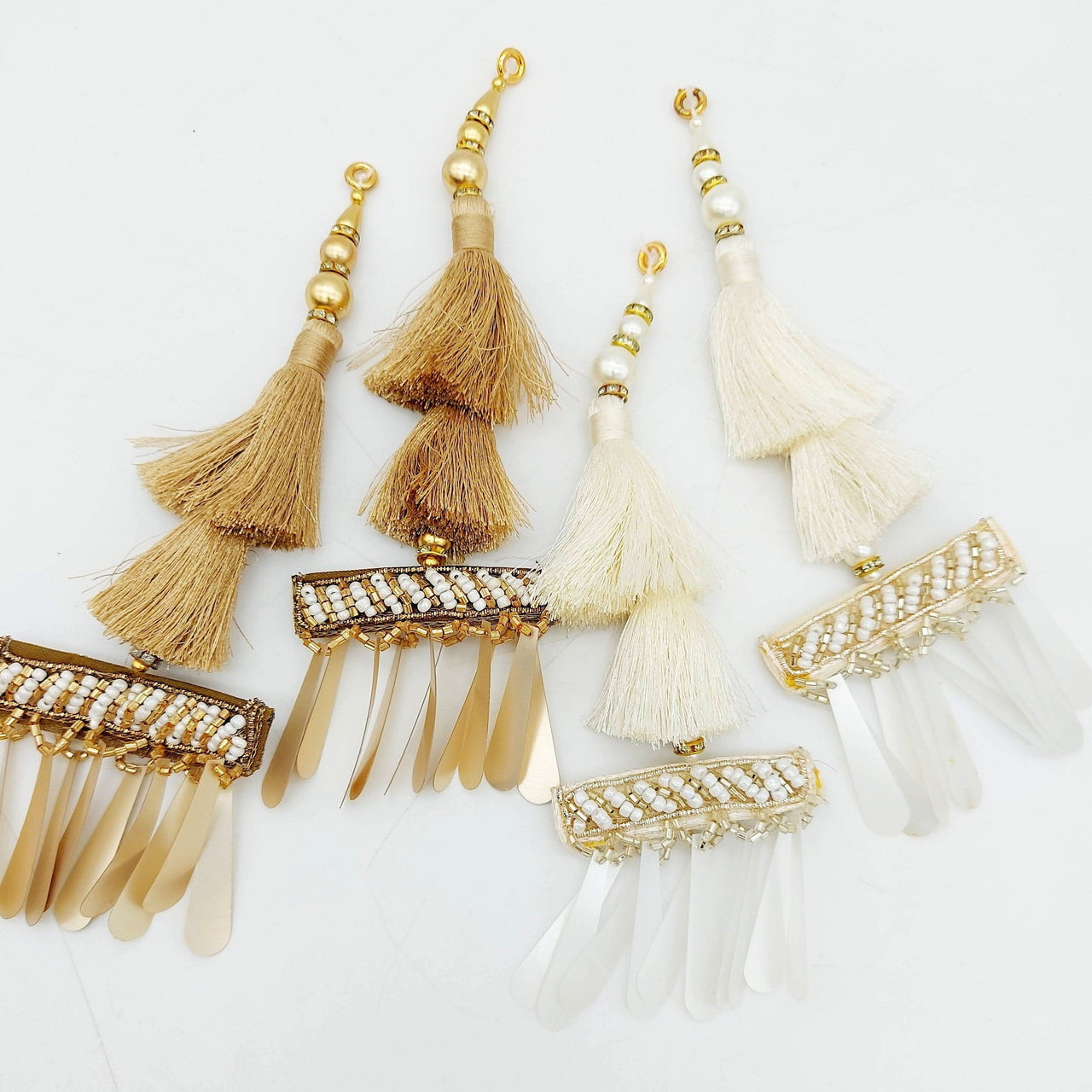 Gold Tassels With Long Gold Sequins And White and Gold Seed Pearl Beads, Beaded Thread Tassel Charms, 2 Pcs
