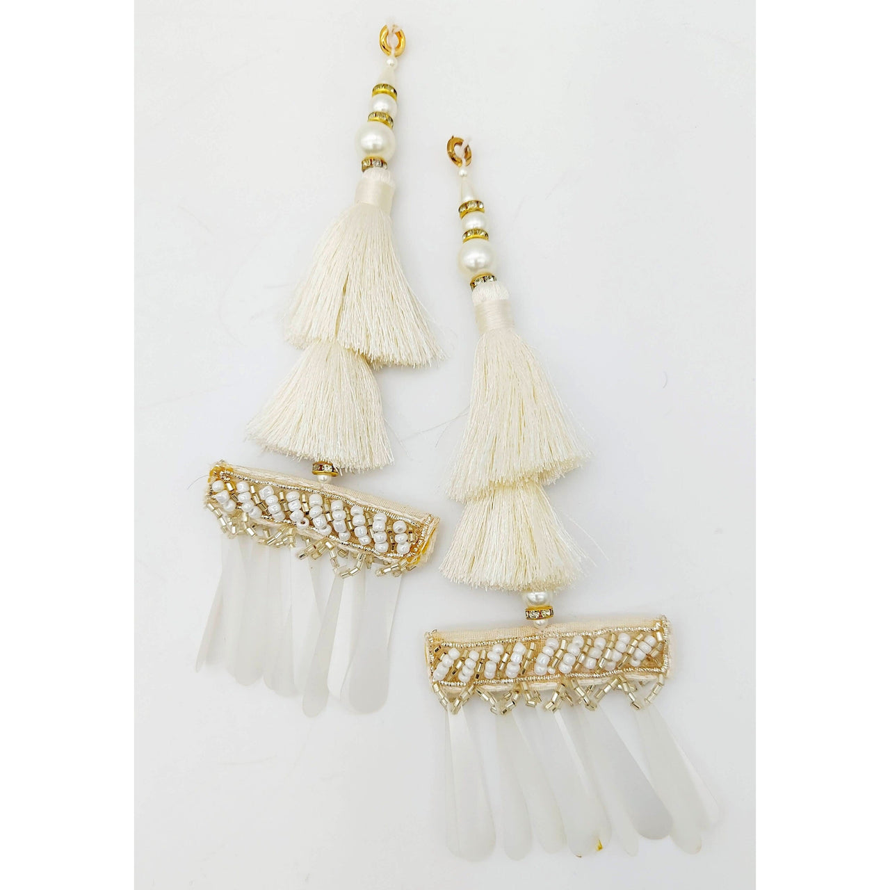 White Tassels With Long White Sequins And White and Gold Seed Pearl Beads, Beaded Thread Tassel Charms, 2 Pcs