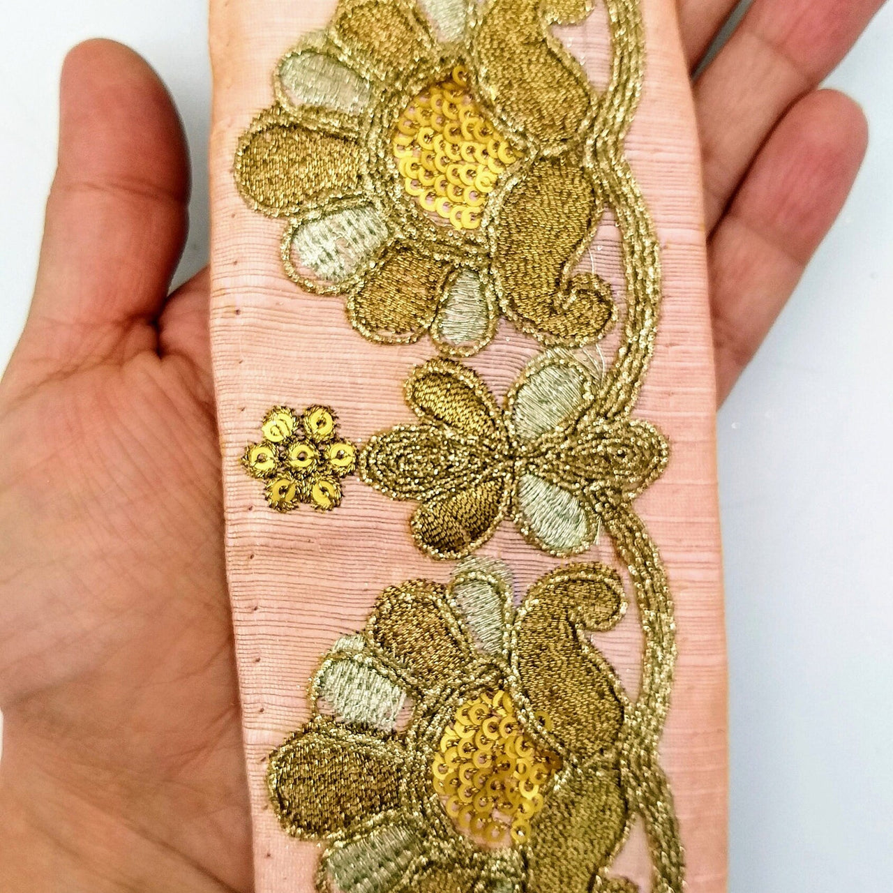 Peach Art Silk Trim In Gold Floral Embroidery, Gold Embroidered Flowers Border, Floral Trim