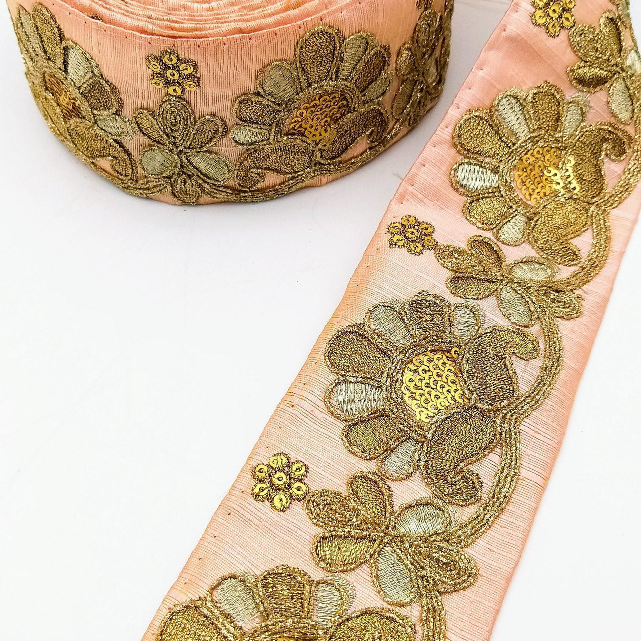 Peach Art Silk Trim In Gold Floral Embroidery, Gold Embroidered Flowers Border, Floral Trim