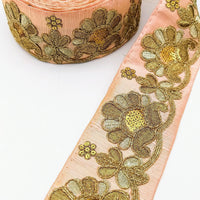 Thumbnail for Peach Art Silk Trim In Gold Floral Embroidery, Gold Embroidered Flowers Border, Floral Trim