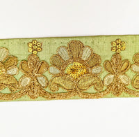 Thumbnail for Green Art Silk Trim In Gold Floral Embroidery, Gold Embroidered Flowers Border, Floral Trim