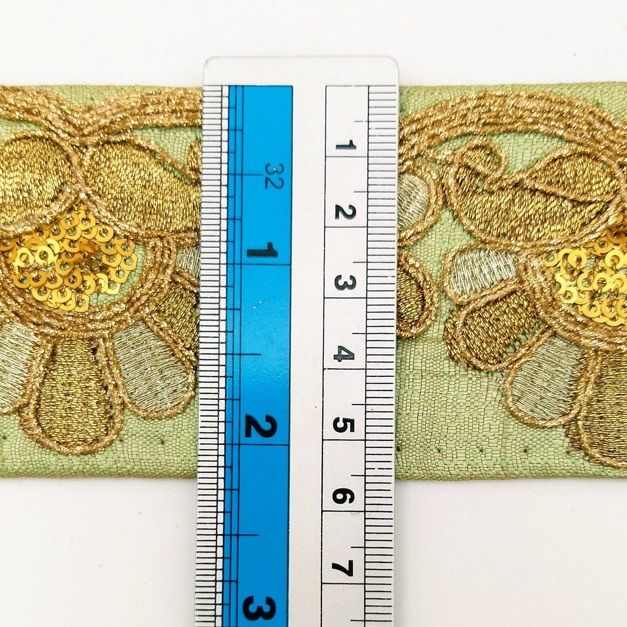 Green Art Silk Trim In Gold Floral Embroidery, Gold Embroidered Flowers Border, Floral Trim