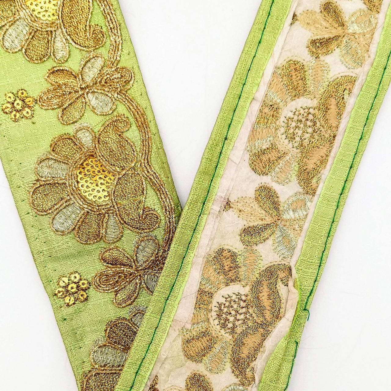 Green Art Silk Trim In Gold Floral Embroidery, Gold Embroidered Flowers Border, Floral Trim
