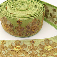Thumbnail for Green Art Silk Trim In Gold Floral Embroidery, Gold Embroidered Flowers Border, Floral Trim