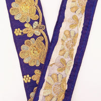 Thumbnail for Navy Blue Art Silk Trim In Gold Floral Embroidery, Gold Embroidered Flowers Border, Floral Trim