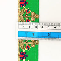 Thumbnail for Green Art Silk Trim In Red And Gold Embroidery, Approx. 32mm wide, Decorative Trim