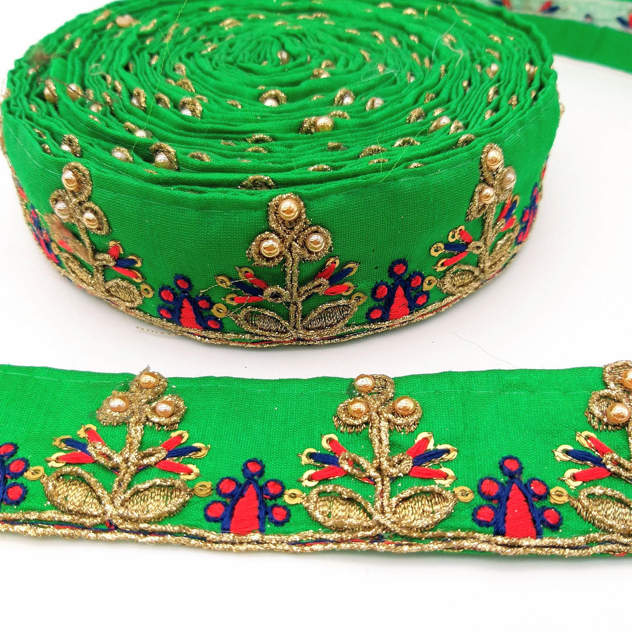 Green Art Silk Trim In Red And Gold Embroidery, Approx. 32mm wide, Decorative Trim