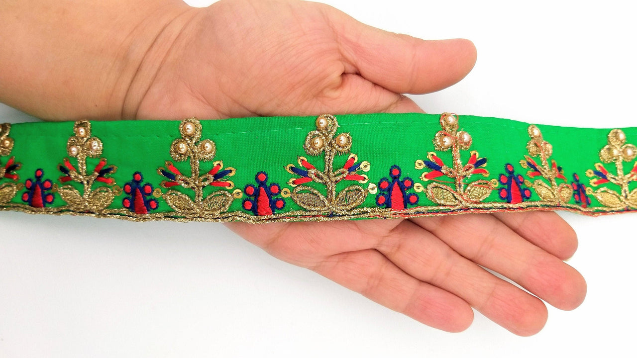 Green Art Silk Trim In Red And Gold Embroidery, Approx. 32mm wide, Decorative Trim
