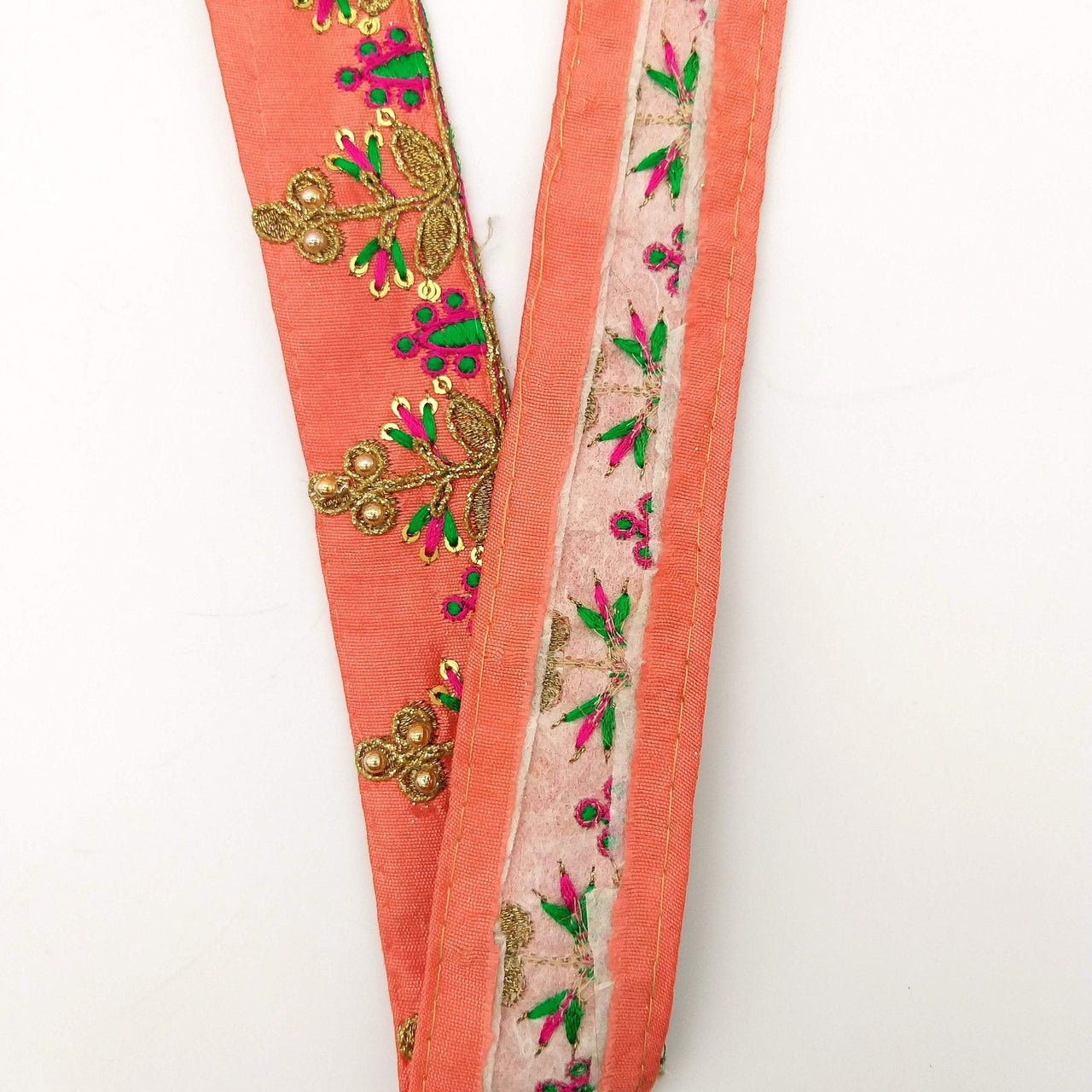 Orange Art Silk Trim In Green And Gold Embroidery, Approx. 32mm wide, Decorative Trim