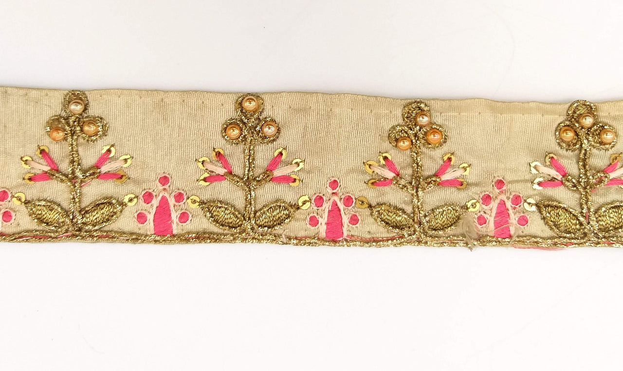 Beige Art Silk Trim In Pink And Gold Embroidery, Approx. 35mm wide, Decorative Trim