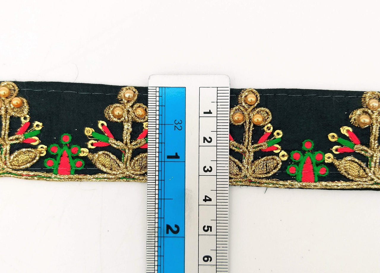 Black Art Silk Trim In Red And Gold Embroidery, Approx. 35mm wide, Decorative Trim