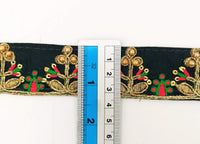Thumbnail for Black Art Silk Trim In Red And Gold Embroidery, Approx. 35mm wide, Decorative Trim