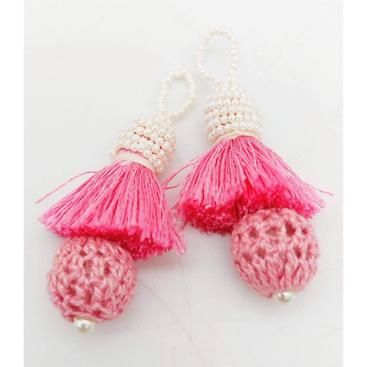 Pink Crochet Ball Tassels With White Pearls Beads, Tassel Charms, Nylon Tassels x 2
