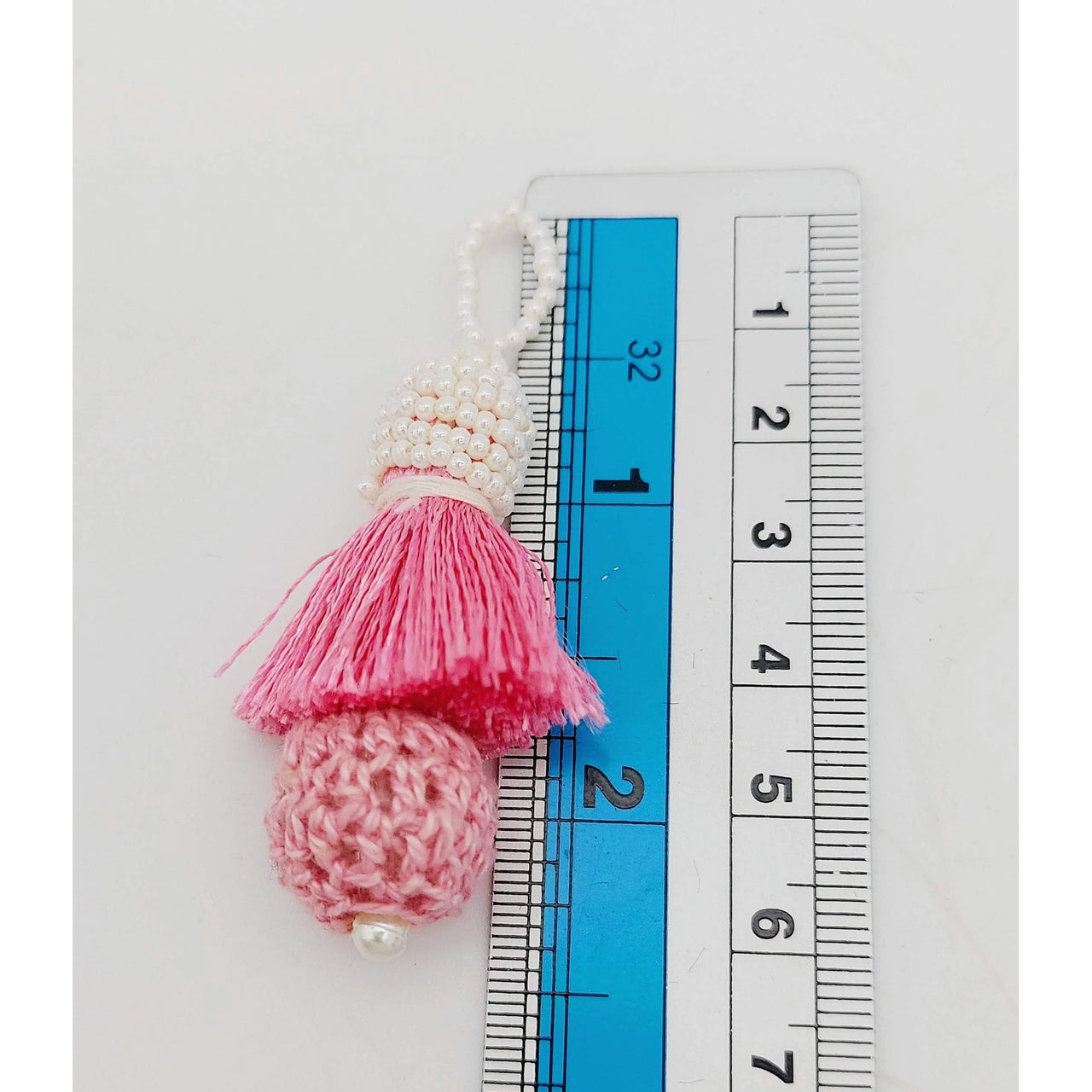 Pink Crochet Ball Tassels With White Pearls Beads, Tassel Charms, Nylon Tassels x 2