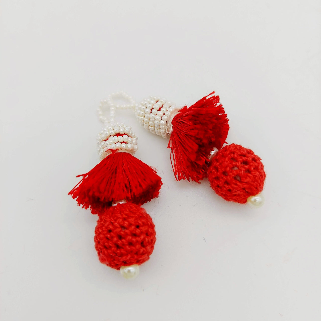 Red Crochet Ball Tassels With White Pearls Beads, Tassel Charms, Nylon Tassels x 2