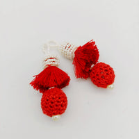 Thumbnail for Red Crochet Ball Tassels With White Pearls Beads, Tassel Charms, Nylon Tassels x 2