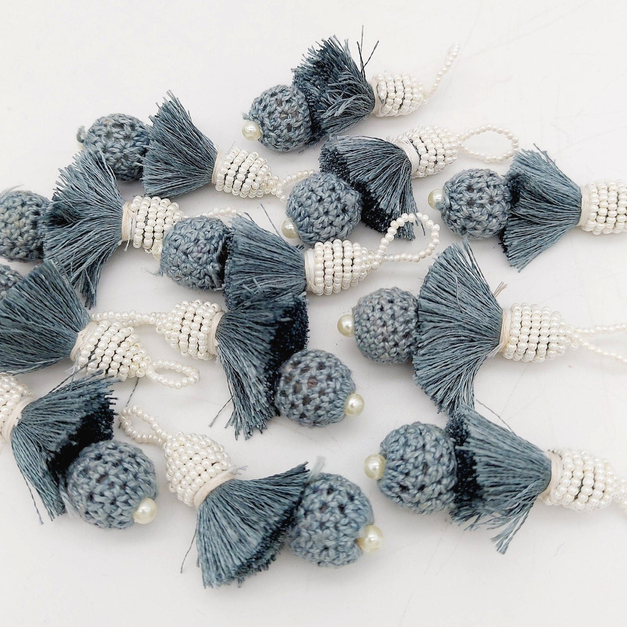 Grey Crochet Ball Tassels With White Pearls Beads, Tassel Charms, Nylon Tassels x 2