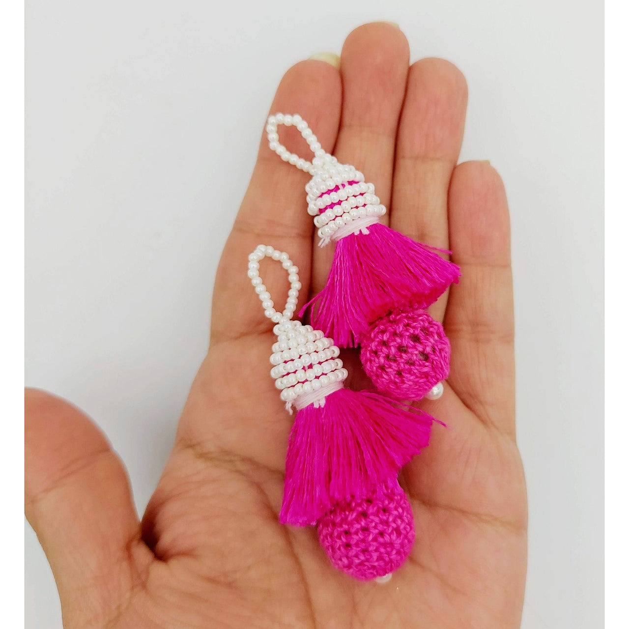 Fuchsia Pink Crochet Ball Tassels With White Pearls Beads, Tassel Charms, Nylon Tassels x 2