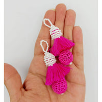 Thumbnail for Fuchsia Pink Crochet Ball Tassels With White Pearls Beads, Tassel Charms, Nylon Tassels x 2