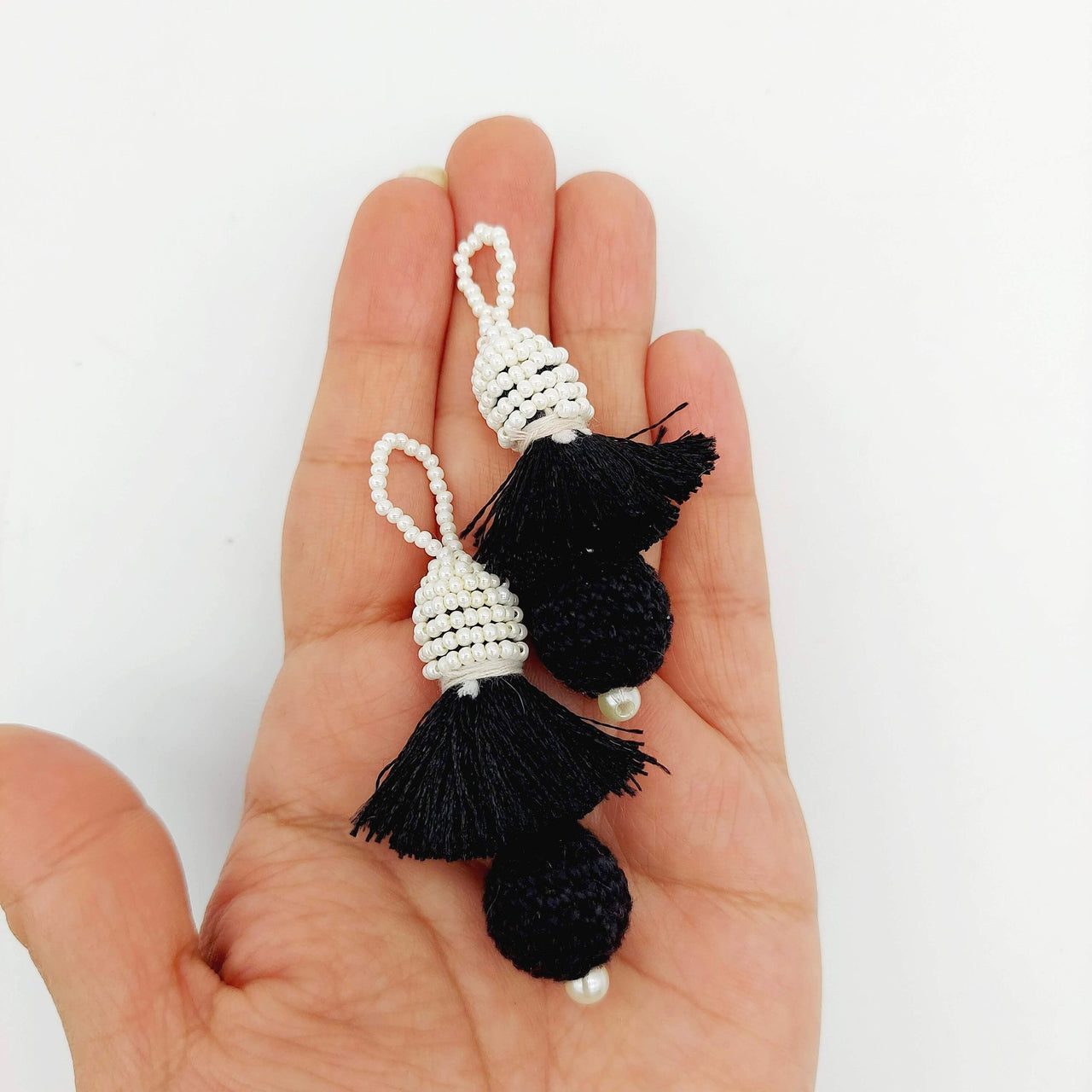 Black Crochet Ball Tassels With White Pearls Beads, Tassel Charms, Nylon Tassels x 2
