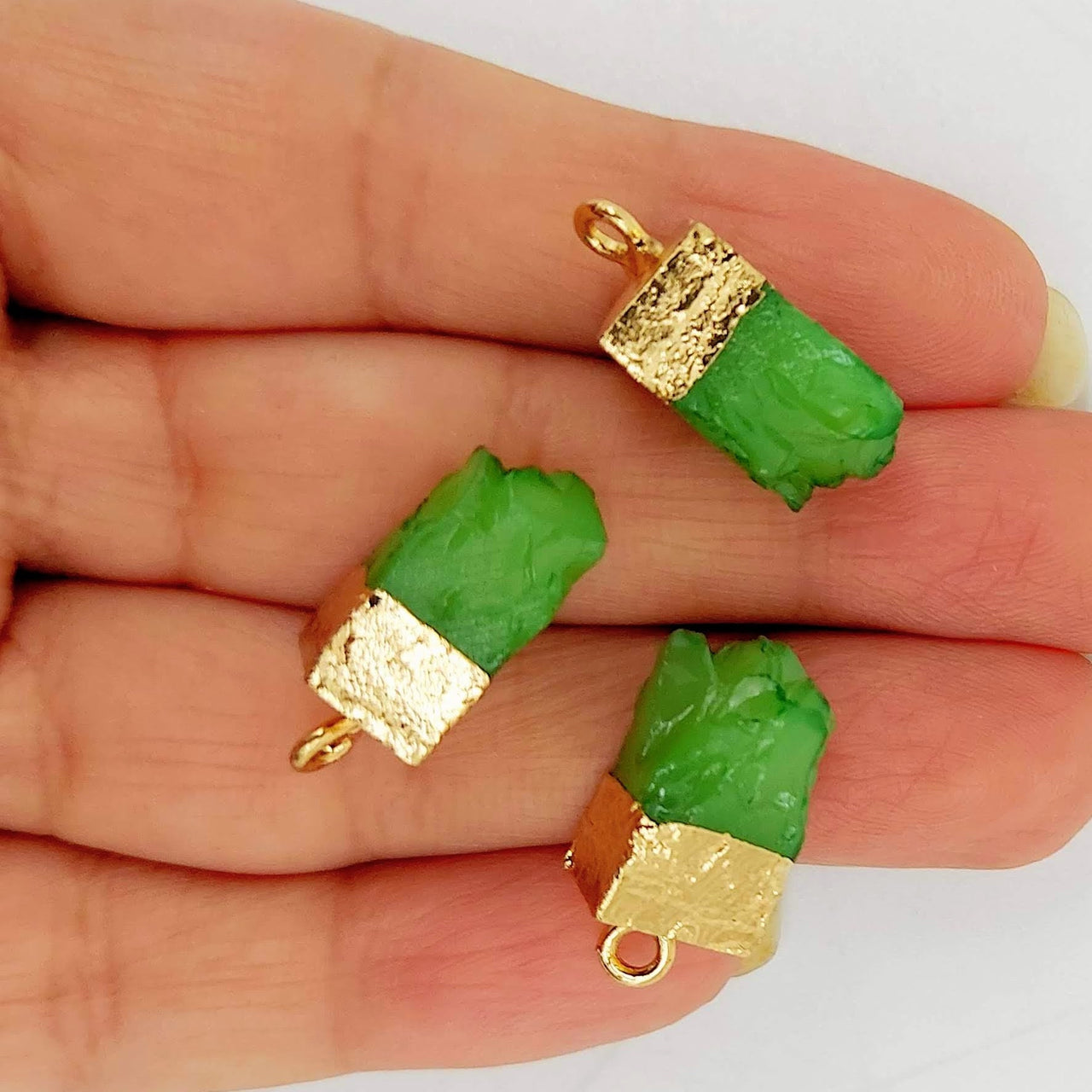 Green Synthetic Stone Charms with Gold Tone Metal Ring Cap x 5