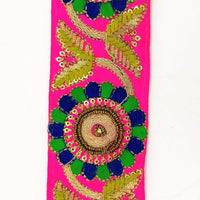 Thumbnail for Fuchsia Art Silk Lace Trim, Floral Embroidery in Green and Blue, Hand Embroidered Border with Antique Gold beads and Gold Sequins