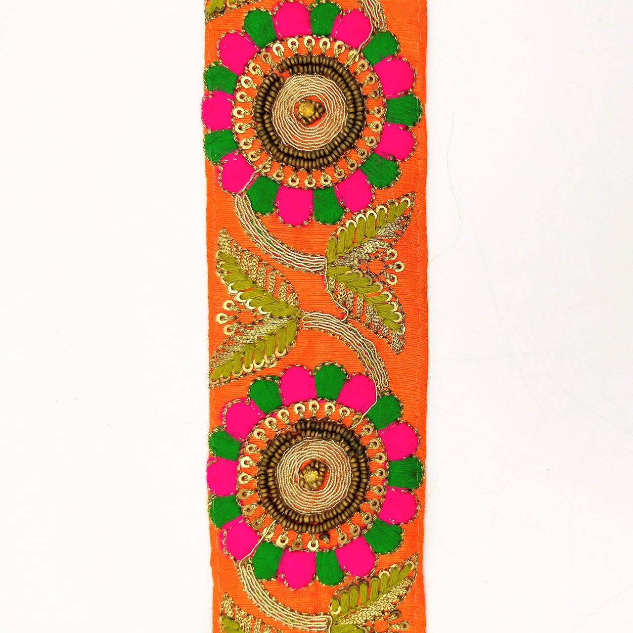 Orange Art Silk Lace Trim, Floral Embroidery in Green and Fuchsia, Hand Embroidered Border with Antique Gold beads and Gold Sequins