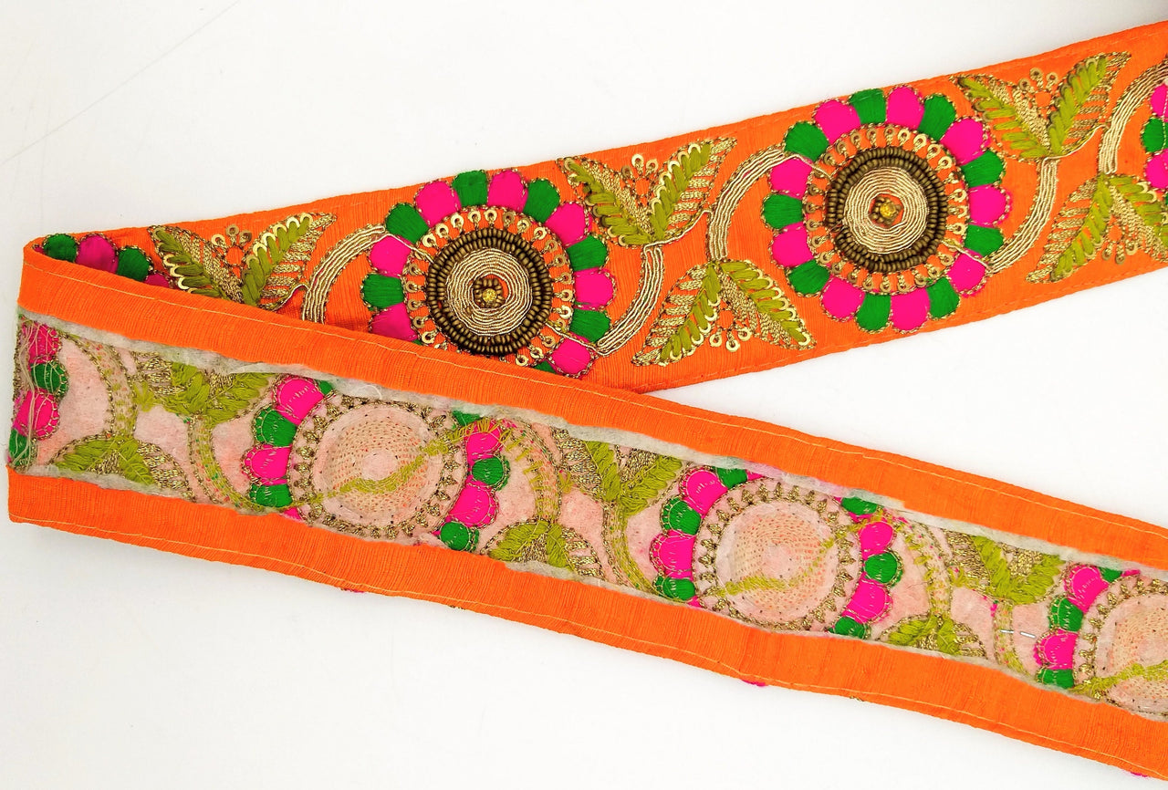 Orange Art Silk Lace Trim, Floral Embroidery in Green and Fuchsia, Hand Embroidered Border with Antique Gold beads and Gold Sequins