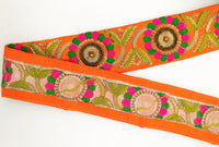 Thumbnail for Orange Art Silk Lace Trim, Floral Embroidery in Green and Fuchsia, Hand Embroidered Border with Antique Gold beads and Gold Sequins