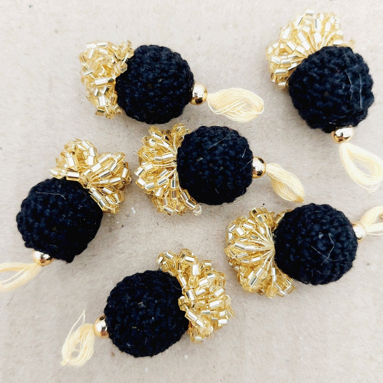 Black Crochet Ball Tassels With Gold Bugle Beads, Tassel Charms x 4