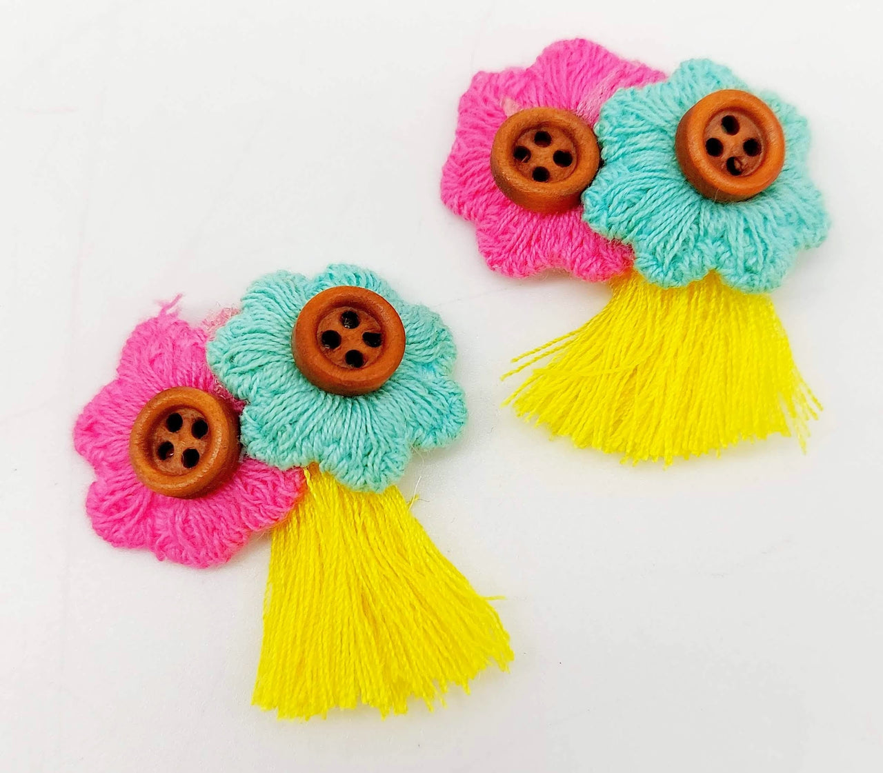 Pink and Blue Floral Applique With Wooden Buttons and Yellow Tassel x 2