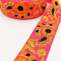 Thumbnail for Pink Art Silk Lace Trim, Floral Embroidery in Orange, Black and Gold